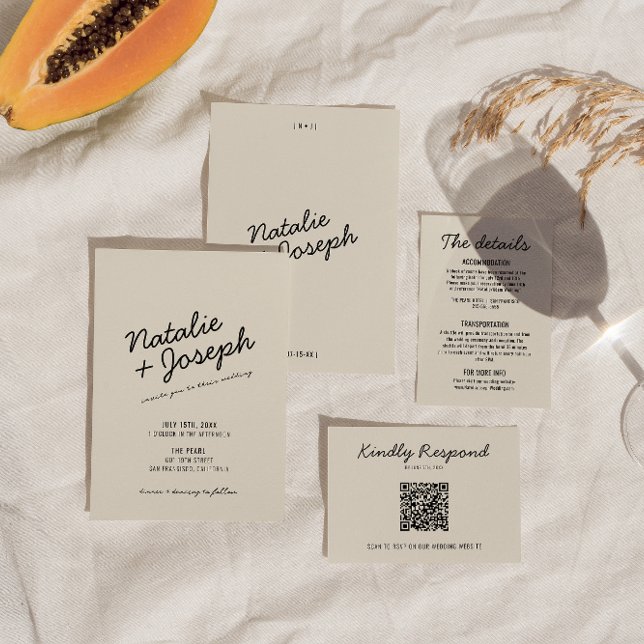 Modern Black Cream Retro Whimsical Script Bröllop Inbjudningar (Skapare uppladdad)