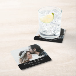 Modern Black Elegant Calligraphy Photo Bröllop Underlägg Papper Kvadrat