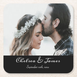 Modern Black Elegant Calligraphy Photo Bröllop Underlägg Papper Kvadrat