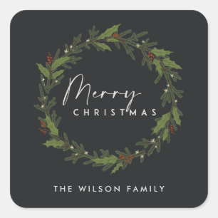 MODERN BLACK ELEGANT HOLLY BERRY WREATH CHRISTMAS FYRKANTIGT KLISTERMÄRKE
