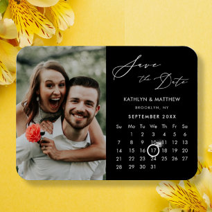 Modern Black Elegant Script Photo Save Date Magnet