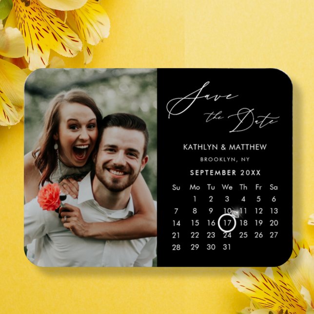 Modern Black Elegant Script Photo Save Date Magnet (Skapare uppladdad)