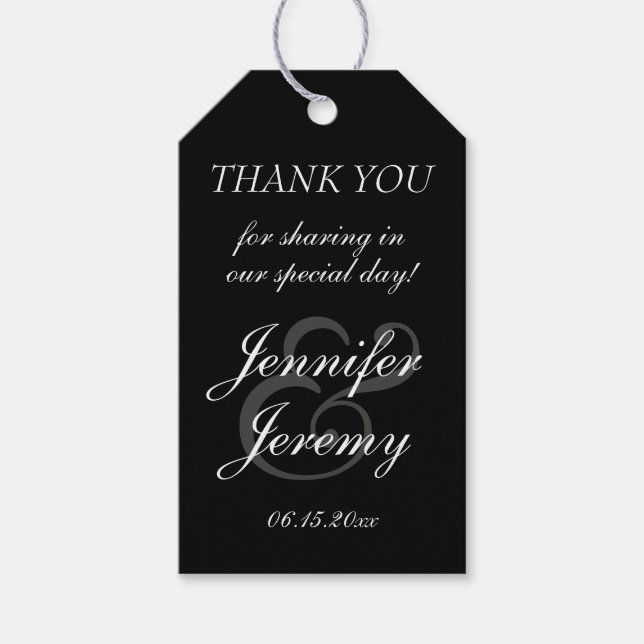 Modern Black Elegant White Grått Script Bröllop Presentetikett (Framsidan)