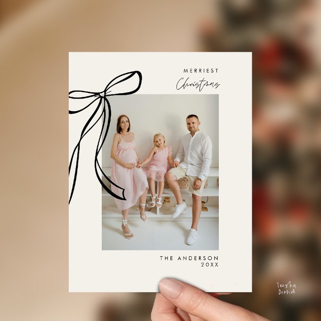 Modern Black Family Photo jul Hälsning Vykort (Modern Black Bow Family Photo Christmas Minimalist Greeting Postcard)
