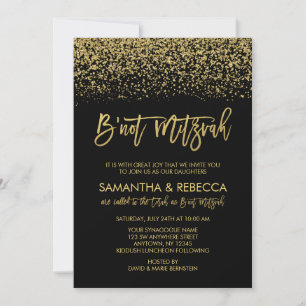 Modern Black Faux Guld Glitter B'not Mitzvah Inbjudningar