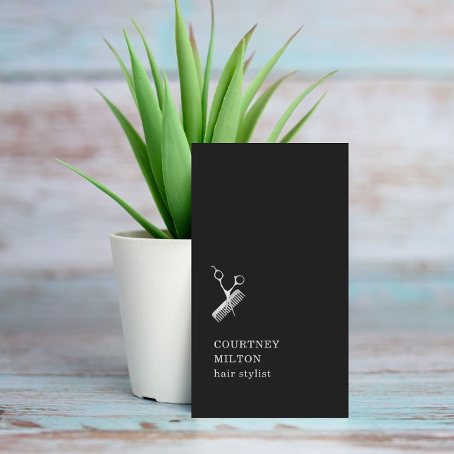 Modern Black Faux Silver Scissors Comb HairStylist Visitkort (Skapare uppladdad)