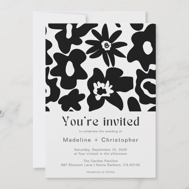 Modern Black Floral QR Code Wedding Inbjudningar (Framsida)