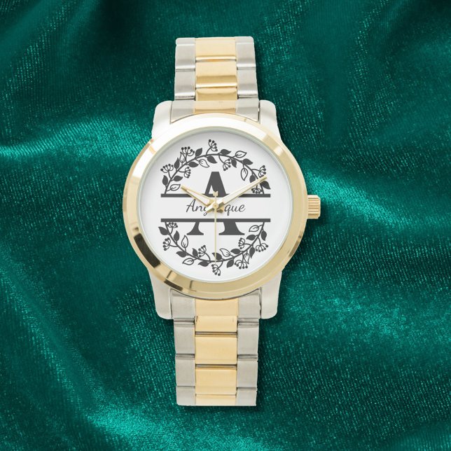 Modern Black Floral Wreath Split Monogram "A" Armbandsur (Skapare uppladdad)