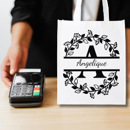 Modern Black Floral Wreath Split Monogram "A" Återanvändbar Påse