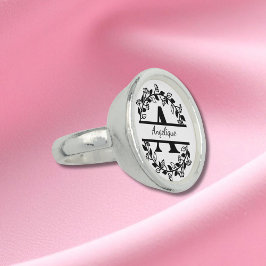 Modern Black Floral Wreath Split Monogram "A" Ring
