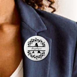 Modern Black Floral Wreath Split Monogram A Round Knapp