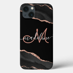 Modern Black Geode Agate Ro Glitter Monogrammed