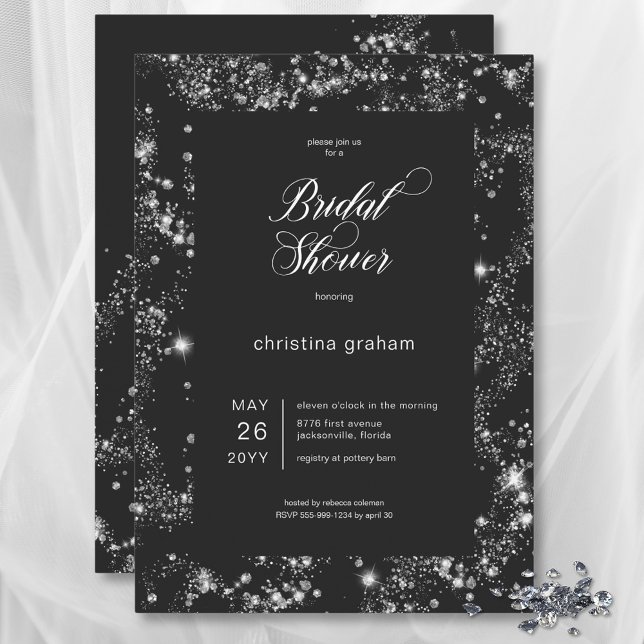 Modern Black Glam Diamond Ram Möhippa Inbjudningar (Modern Black Glam Diamond Frame Bridal Shower Invitation)