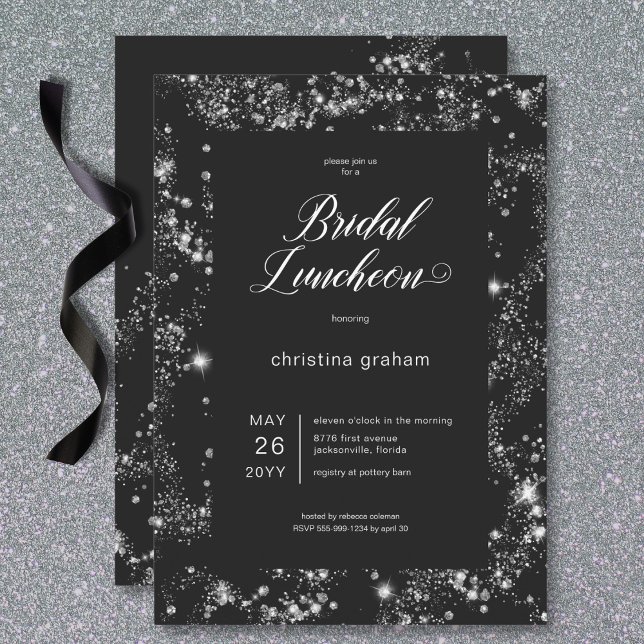 Modern Black Glam Diamond Ram Möhippa Luncheon Inbjudningar (Modern Black Glam Diamond Frame Bridal Luncheon Invitation)
