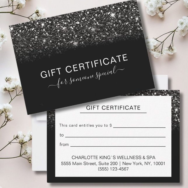 Modern Black Glitter AFFÄRSINTYG (Personalized Modern Black Glitter BUSINESS CERTIFICATE, black, silver glitter)