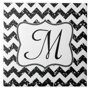 Modern Black Glitter Chevron Monogram Visning Tile Kakelplatta