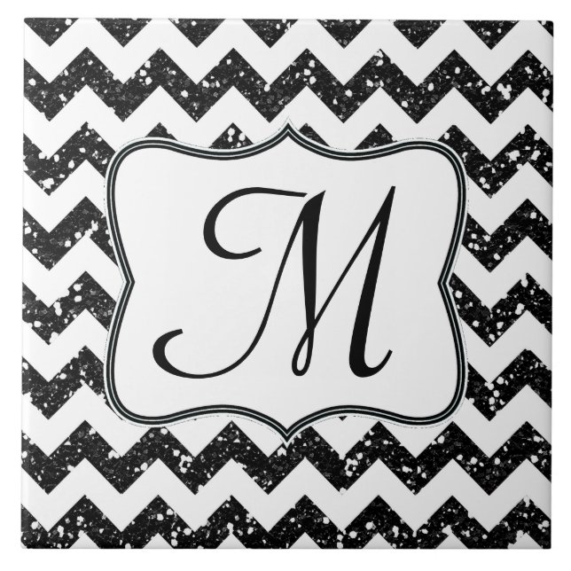 Modern Black Glitter Chevron Monogram Visning Tile Kakelplatta (Framsidan)