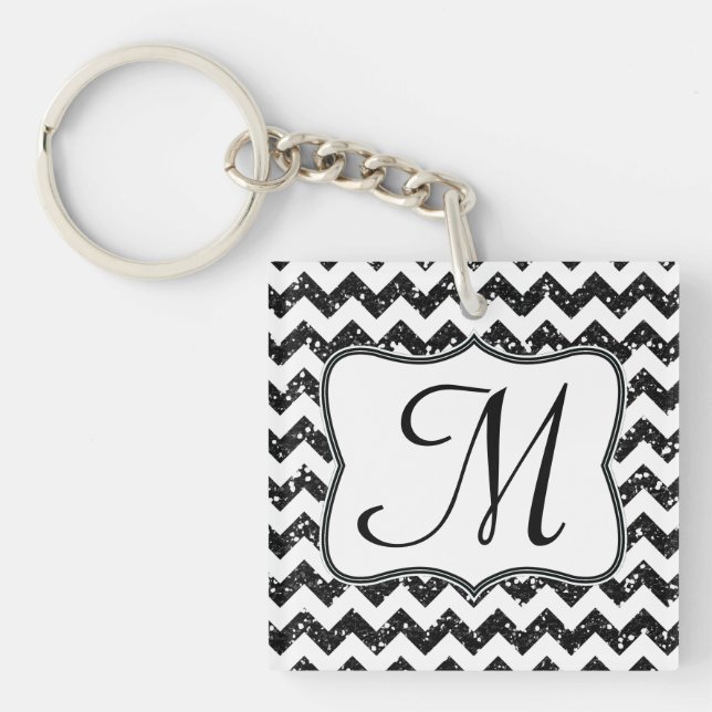 Modern Black Glitter Chevron Zig Zag Nyckelring (Framsidan)