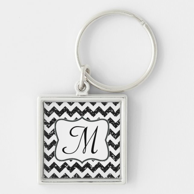 Modern Black Glitter Chevron Zig Zag Nyckelring (Framsidan)