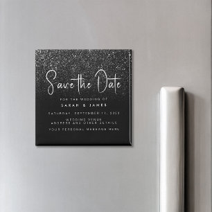Modern Black Glitter Chic Bröllop spara datum Magnet
