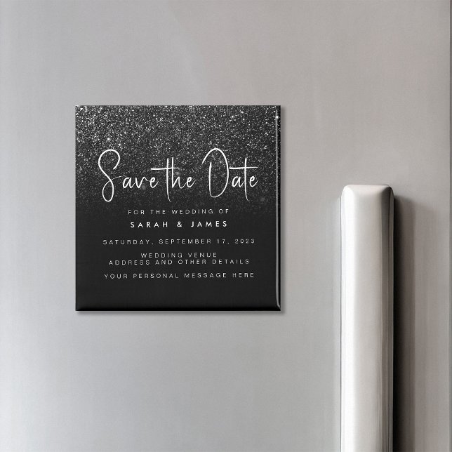 Modern Black Glitter Chic Bröllop spara datum Magnet (Skapare uppladdad)
