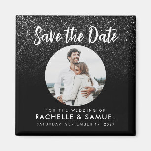 Modern Black Glitter Chic Photo Save Date Magnet