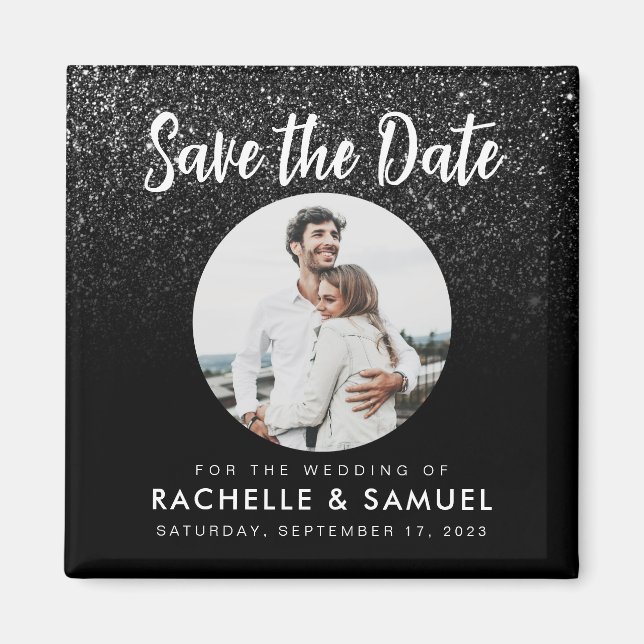 Modern Black Glitter Chic Photo Save Date Magnet (Framsidan)