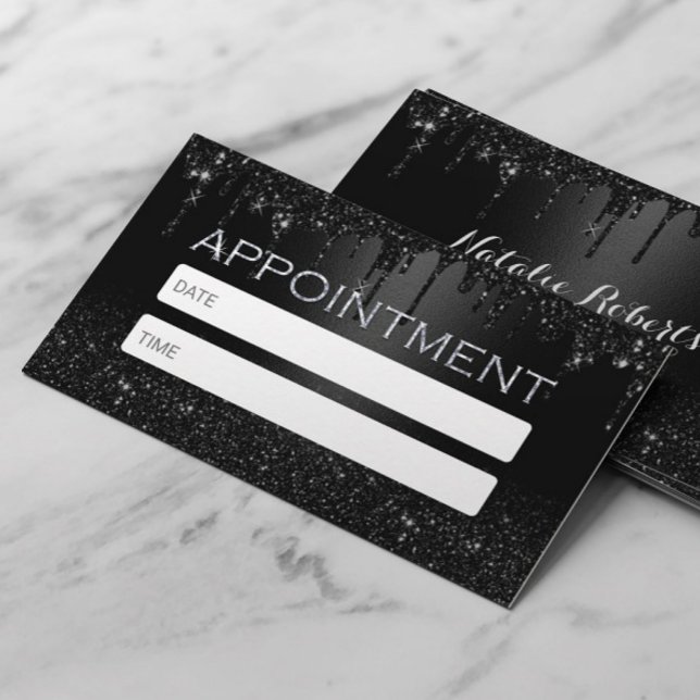 Modern Black Glitter Drives Salon & Spa Möte Tidsbeställning Kort (Skapare uppladdad)