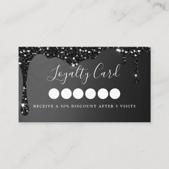 Modern Black Glitter Drop Salon & Spa Loyalty Visitkort (Framsida)