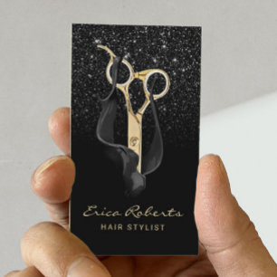 Modern Black Glitter Guld Scissor Hair Stylist Visitkort
