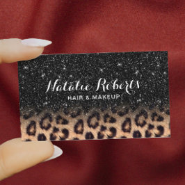 Modern Black Glitter Leopard Beauty Salon Visitkort