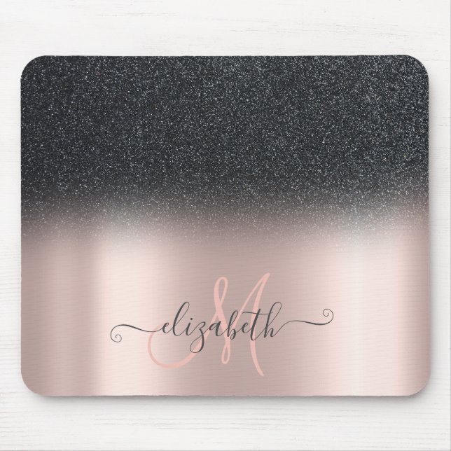 Modern Black Glitter Ombre Ro Guld Monogram Musmatta (Framsidan)