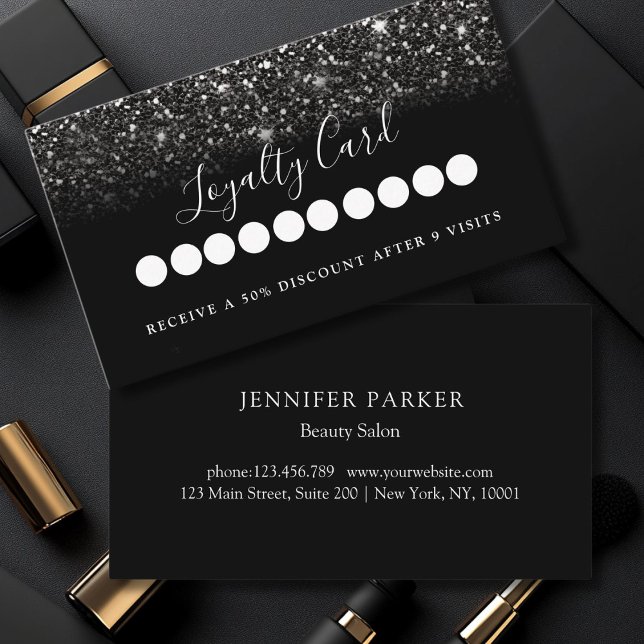 Modern Black Glitter Salon & Spa Loyalty Visitkort (Modern Black Glitter Salon & Spa Loyalty Business Card)