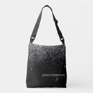 Modern Black Glitter Simple Script Monogram Namn Axelväska