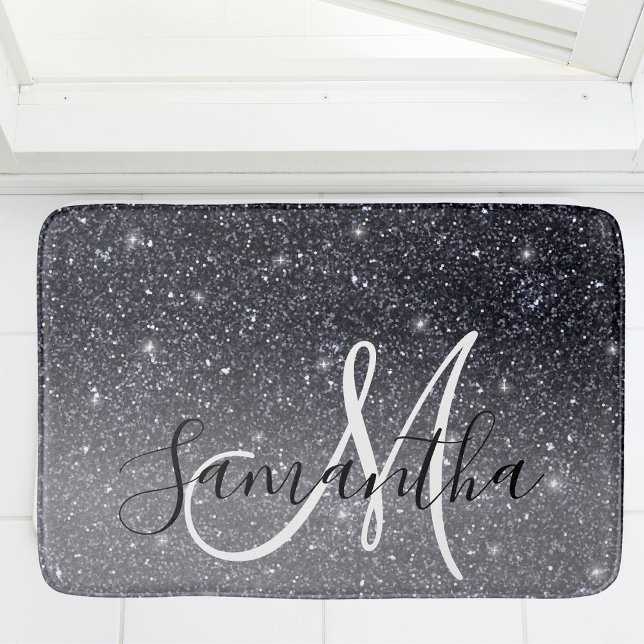 Modern Black Glitter Sparkles Personlig Namn Badrumsmatta (Skapare uppladdad)