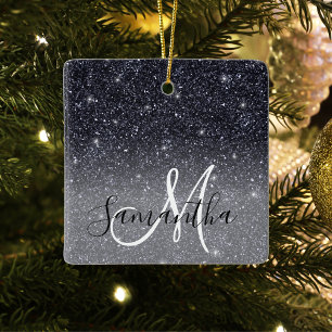 Modern Black Glitter Sparkles Personlig Namn Julgransprydnad Keramik
