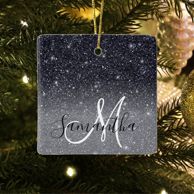 Modern Black Glitter Sparkles Personlig Namn Julgransprydnad Keramik (Skapare uppladdad)
