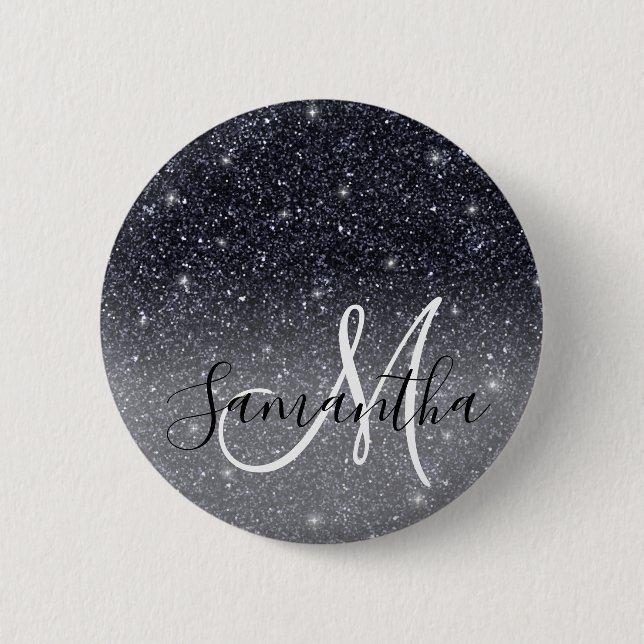 Modern Black Glitter Sparkles Personlig Namn Knapp (Framsida)