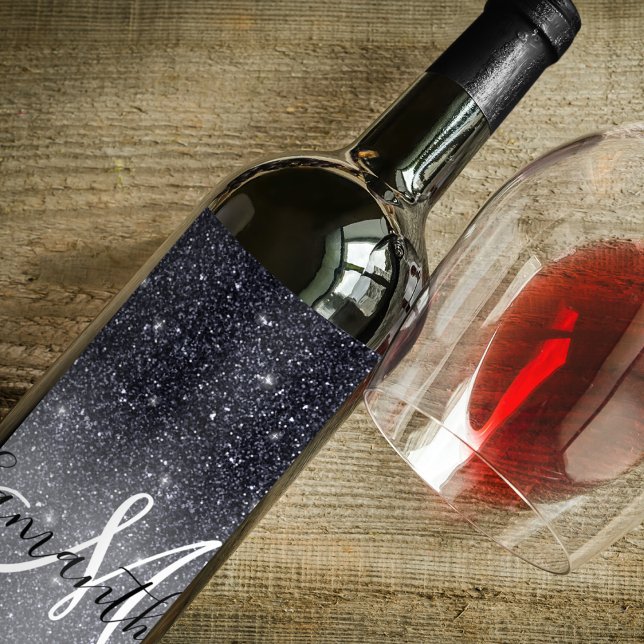 Modern Black Glitter Sparkles Personlig Namn Vinflaska Etikett (Skapare uppladdad)