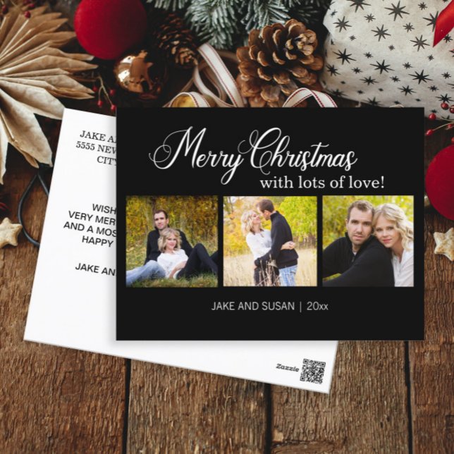 Modern Black God jul Kärlek År 3 foto Helg Vykort (3-photo "Merry Christmas with Lots of Love" newlywed postcard)