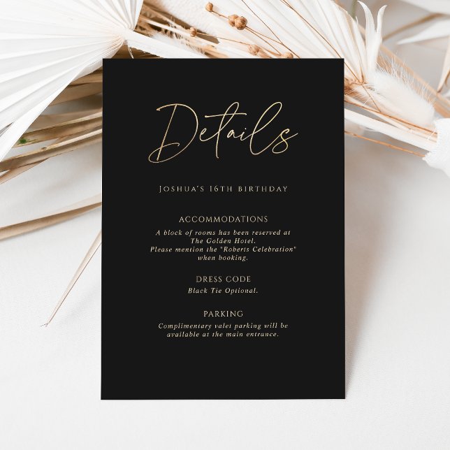 Modern Black Gold 16-årsfirande detaljerad inbjuda (Modern Black Gold 16th Birthday Party Details Card)