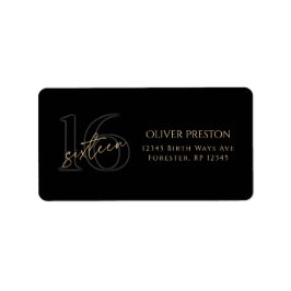 Modern Black Gold 16th Birthday Address Label Adressetikett