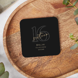 Modern Black Gold 16th Birthday Party  Underlägg Papper Kvadrat