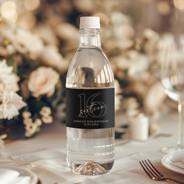 Modern Black Gold 16th Birthday Party Vattenflaskor Etikett (Modern Black Gold 16th Birthday Party Water Bottle Label)