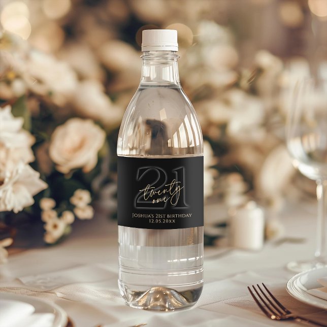 Modern Black Gold 21-årsfest Vattenflaskor Etikett (Modern Black Gold 21st Birthday Party Water Bottle Label)