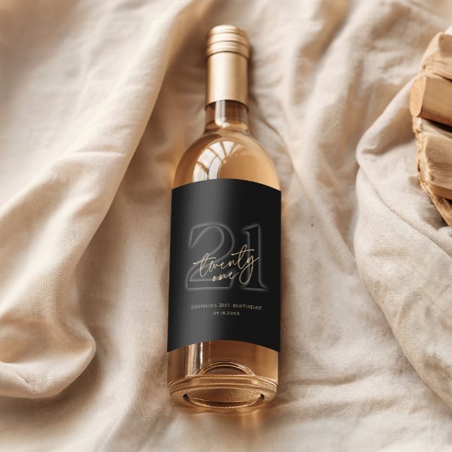 Modern Black Gold 21-årsfest Vinflaska Etikett (Modern Black Gold 21st Birthday Party Wine Label)