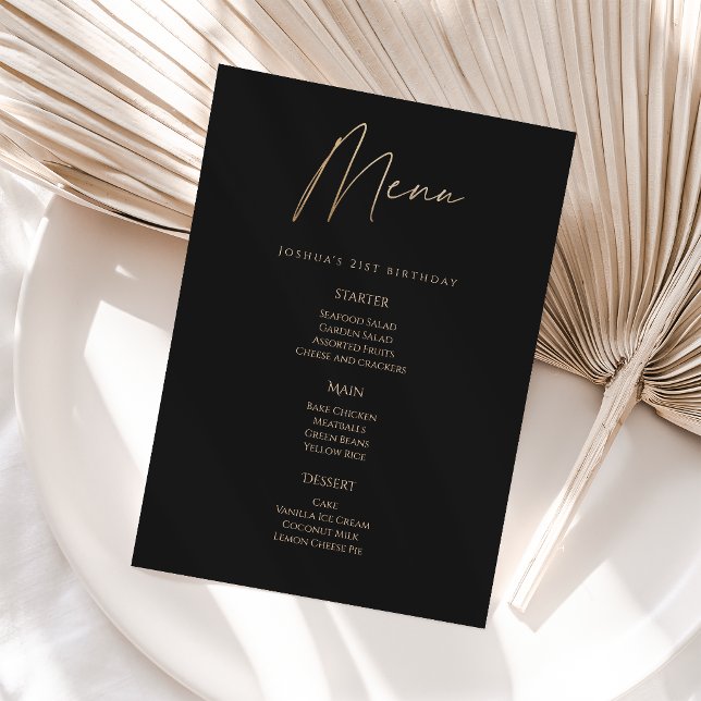 Modern Black Gold 21-årsfirande Meny Kort (Modern Black Gold 21st Birthday Party Menu Card)