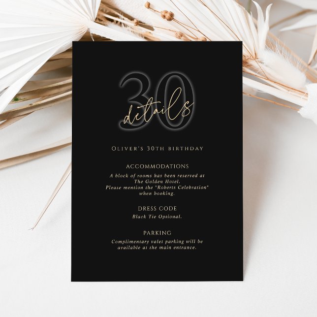 Modern Black Gold 30-årsfest detaljerad inbjudan (Modern Black Gold 30th Birthday Party Details Card)