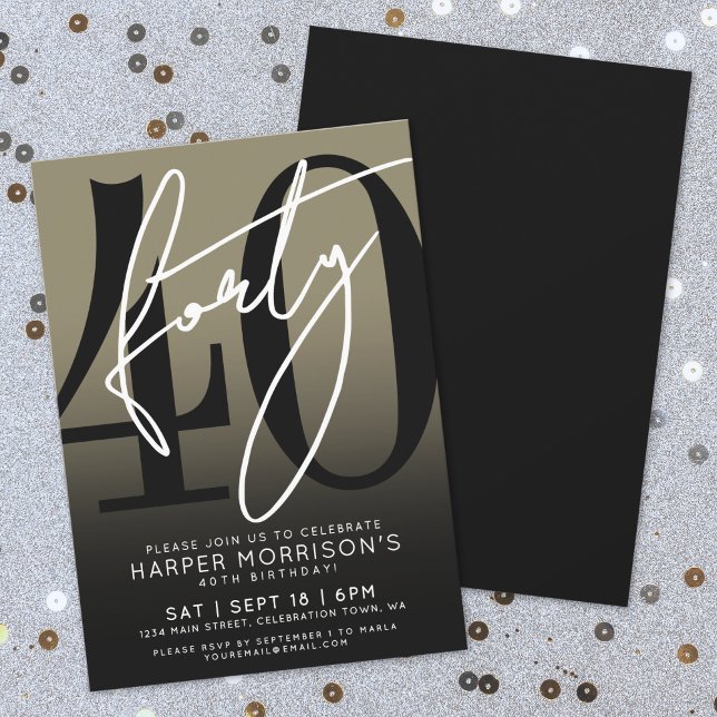 Modern Black Gold 40-årsfest Inbjudningar (Modern Black Gold 40th Birthday Party Invitation)