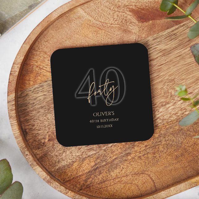 Modern Black Gold 40-årsfest Underlägg Papper Kvadrat (Modern Black Gold 40th Birthday Party Square Paper Coaster)